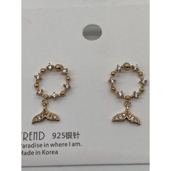 Mermaid Tail Earrings 925 Sterling Sliver 18K Gold Plated Zircon Circle Women’s - Picture 1 of 5